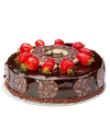 Delicious chocolate cake topped with fresh strawberries for bakery market place.