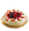 Delicious fruit cake with strawberries, blueberries, and cream topping.