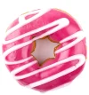 Delicious pink glazed donut with white icing drizzle, perfect for bakery treats.