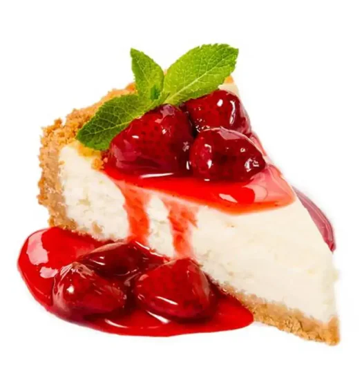 Delicious cherry cheesecake with fresh berries and mint garnish.