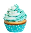 Cupcake with blue and white frosting and pearl decorations.