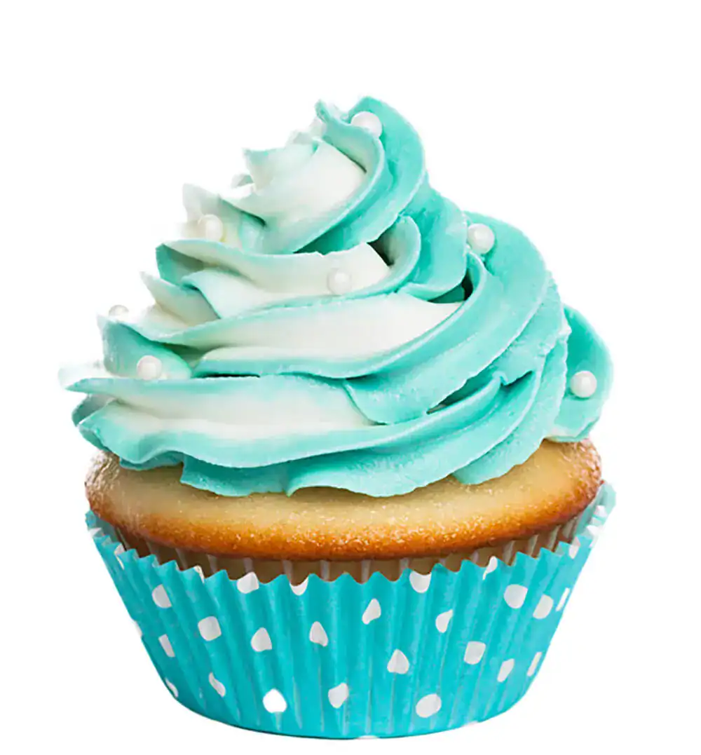 Cupcake with blue and white frosting and pearl decorations.