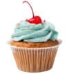 Delicious cupcake with blue frosting and cherry topping, perfect for bakery market.