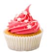 Delicious pink cupcake with star-shaped sprinkles and swirled frosting.