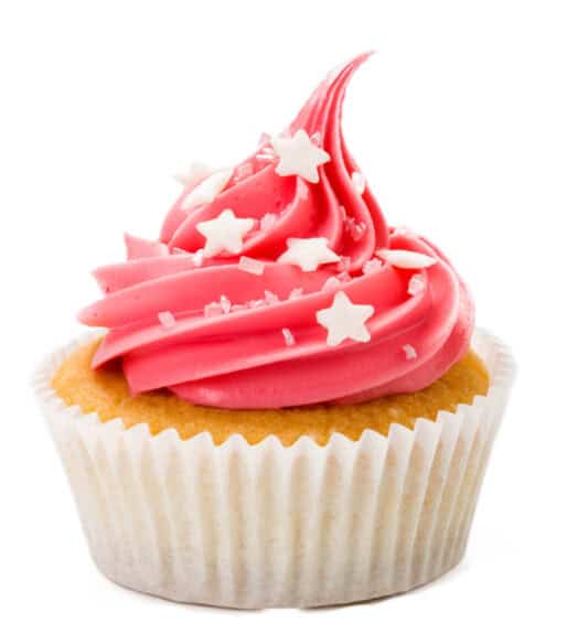 Delicious pink cupcake with star-shaped sprinkles and swirled frosting.