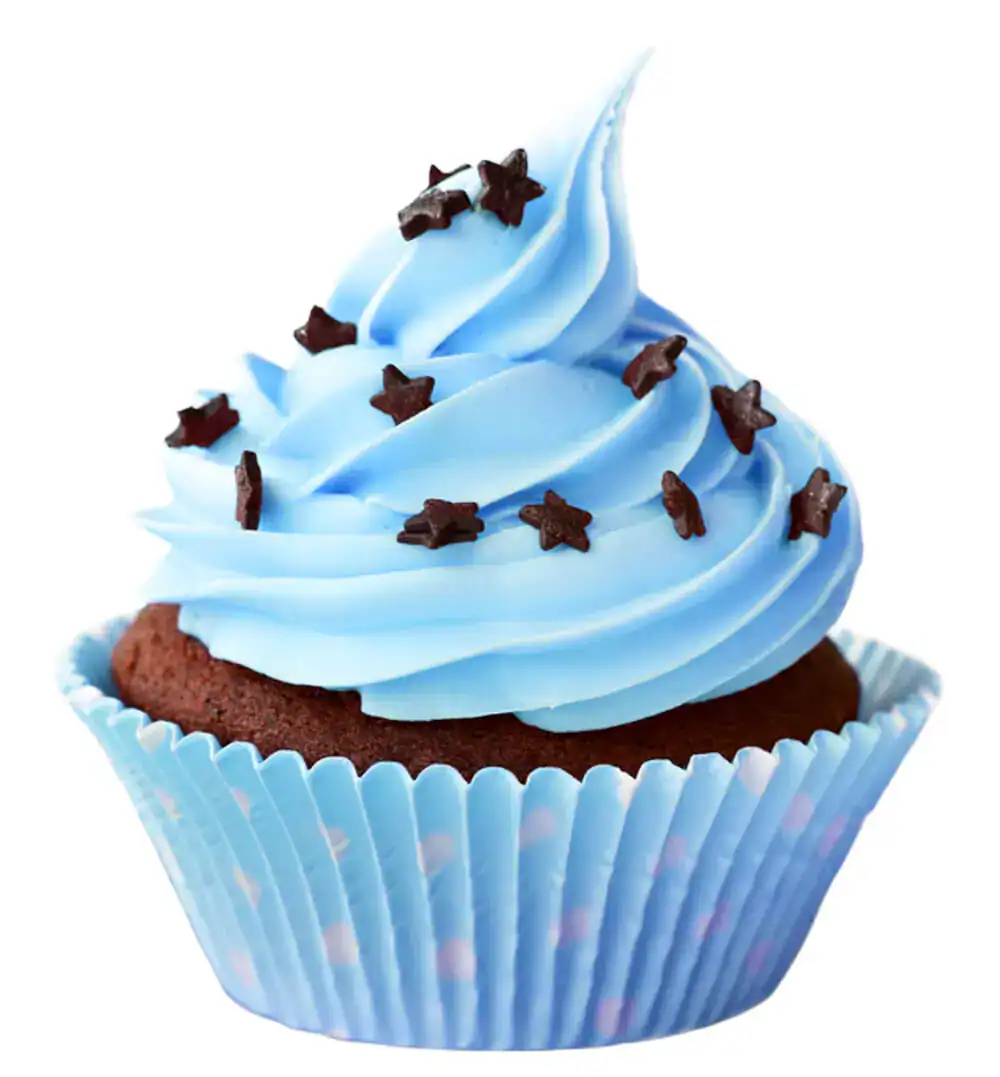 Chocolate cupcake with blue frosting and star-shaped sprinkles, bakery market place.