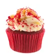 Red velvet cupcake with cream cheese frosting and red sprinkles, perfect for bakery market and desse.