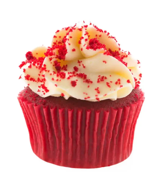 Red velvet cupcake with cream cheese frosting and red sprinkles, perfect for bakery market and desse.