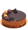 Chocolate cake with berries, chocolate decoration, and glossy glaze.